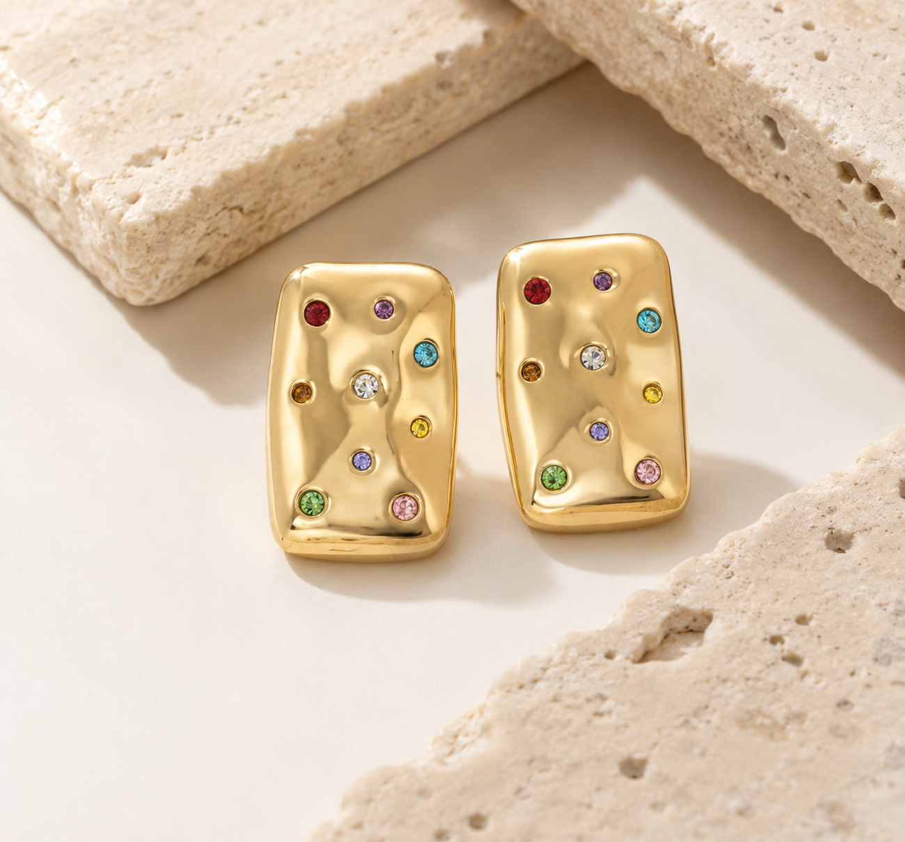 gold stud earrings
stainless steel earrings
colorful crystal earrings
rainbow gemstone earrings
waterproof jewelry
tarnish resistant earrings
hypoallergenic earrings
statement stud earrings
modern gold earrings
women's fashion jewelry