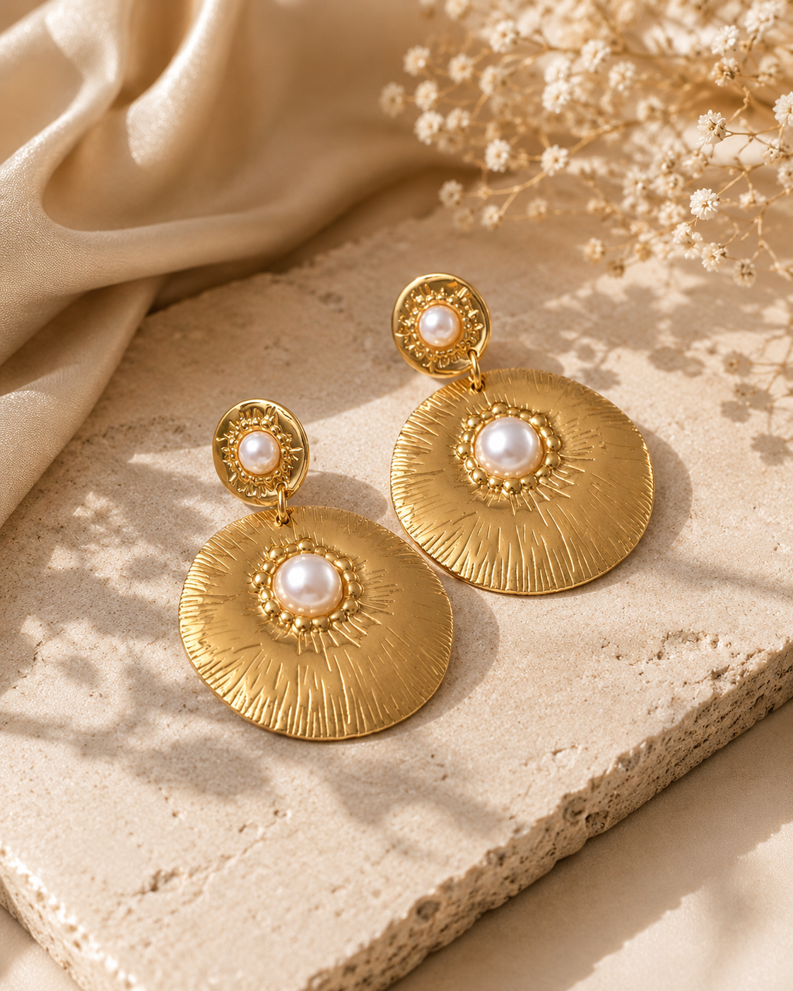Solara Pearl Drops – gold-tone stainless steel statement earrings featuring textured sunburst discs with elegant faux pearl centers on a neutral luxury background.