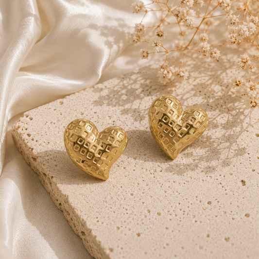 Golden Heart Studs, heart stud earrings, gold heart earrings, stainless steel earrings, textured heart earrings, gold stud earrings for women, waterproof earrings, tarnish-resistant jewelry, lightweight heart earrings, everyday gold earrings, minimalist heart studs, luxury fashion jewelry, gift for her, stainless steel heart earrings, Glowri jewelry.